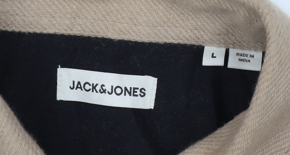 Jack & Jones Men’s Beige L Cotton Herringbone Overshirt Button-Up