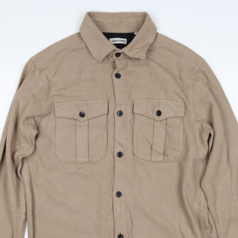 Jack & Jones Men’s Beige L Cotton Herringbone Overshirt Button-Up