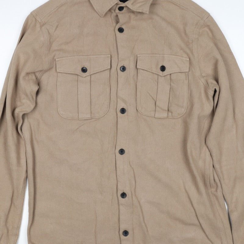 Jack & Jones Men’s Beige L Cotton Herringbone Overshirt Button-Up