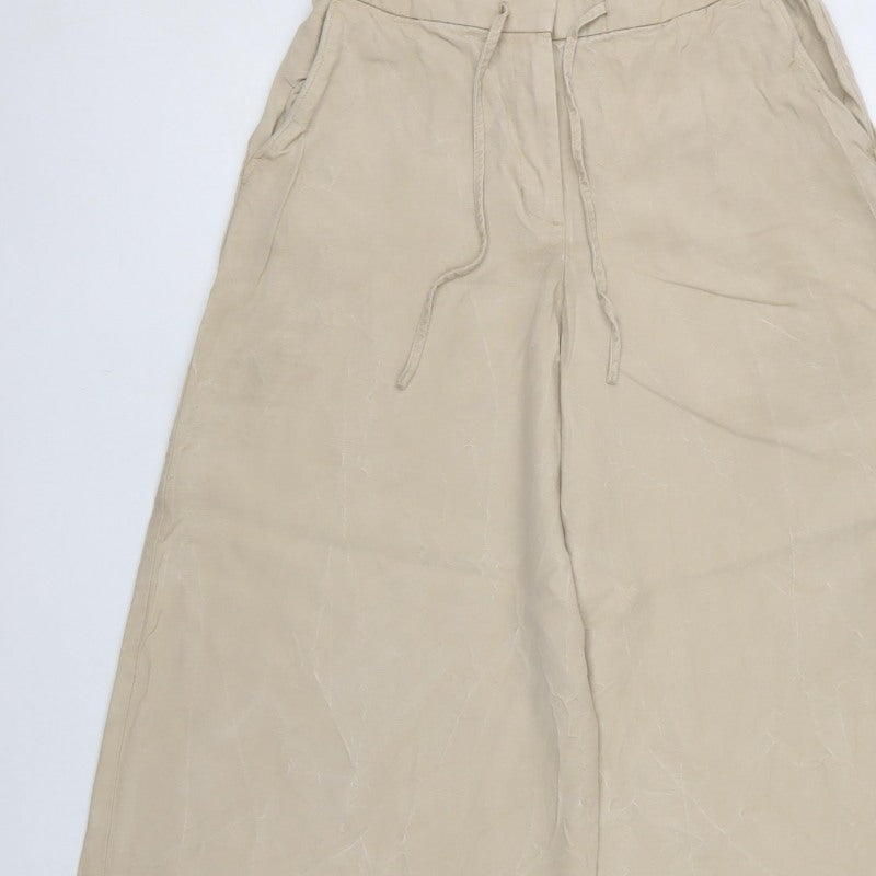 M&S Women Beige UK 12 Short Wide-Leg Drawstring Trousers