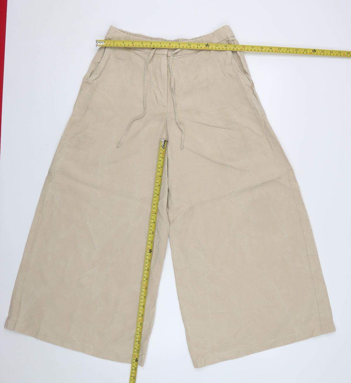 M&S Women Beige UK 12 Short Wide-Leg Drawstring Trousers