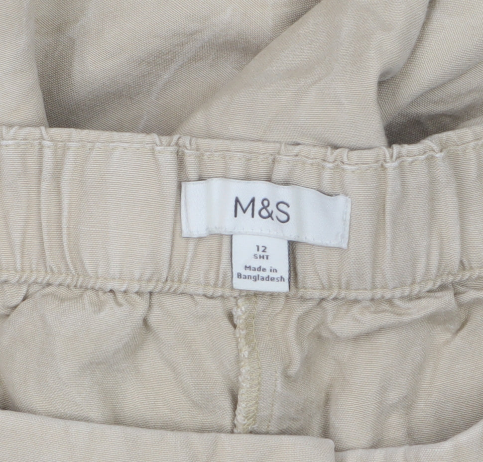 M&S Women Beige UK 12 Short Wide-Leg Drawstring Trousers