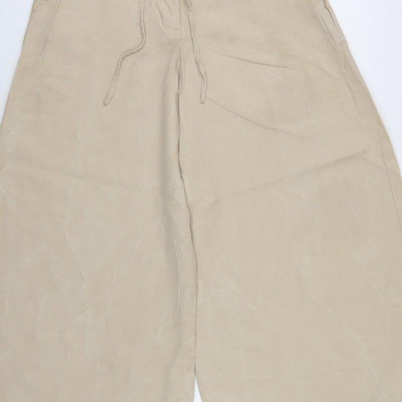 M&S Women Beige UK 12 Short Wide-Leg Drawstring Trousers
