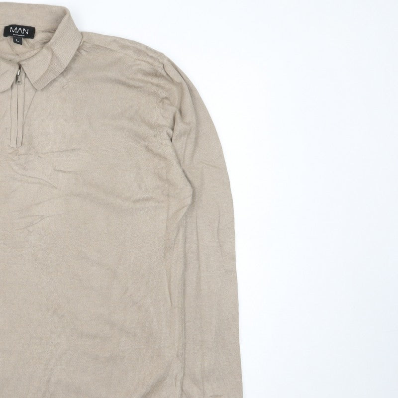 boohooMAN Men’s Beige L Collared 1/4 Zip Fine Knit Pullover Jumper