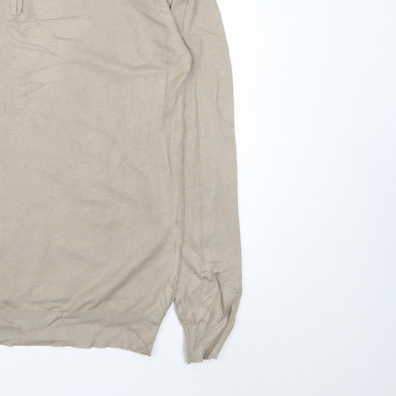 boohooMAN Men’s Beige L Collared 1/4 Zip Fine Knit Pullover Jumper