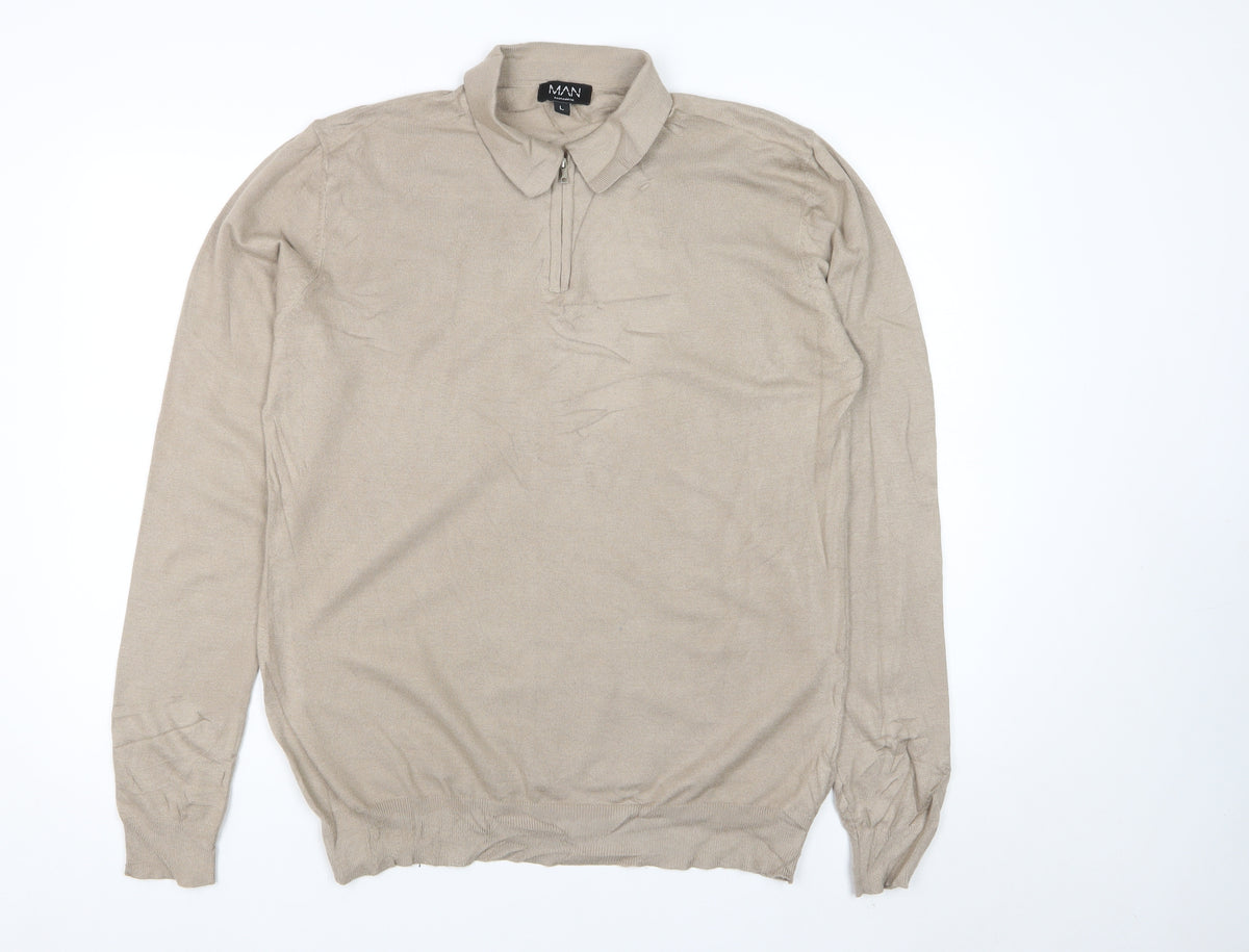 boohooMAN Men’s Beige L Collared 1/4 Zip Fine Knit Pullover Jumper