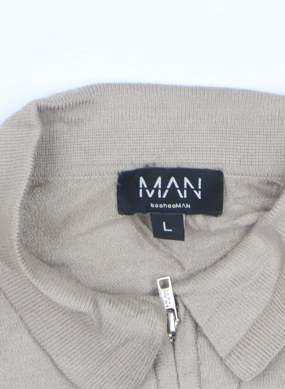 boohooMAN Men’s Beige L Collared 1/4 Zip Fine Knit Pullover Jumper