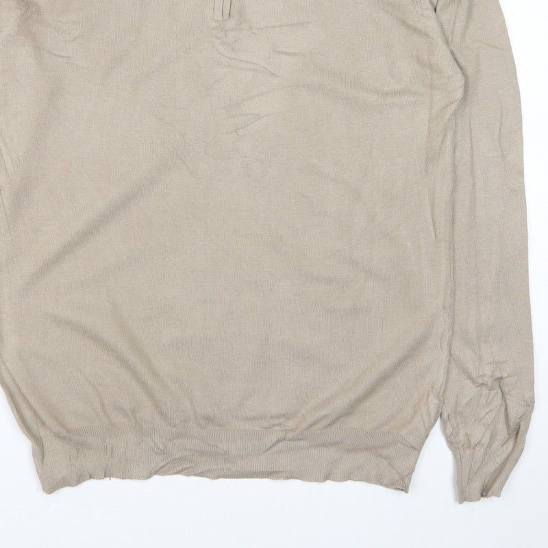 boohooMAN Men’s Beige L Collared 1/4 Zip Fine Knit Pullover Jumper