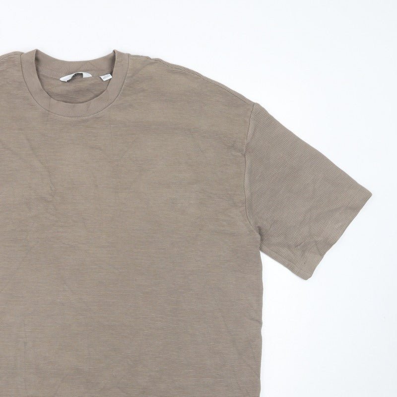 Next Men Beige L Relaxed Fit Ribbed Stripe Crew Neck T-Shirt