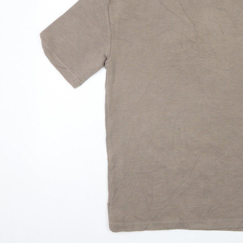 Next Men Beige L Relaxed Fit Ribbed Stripe Crew Neck T-Shirt