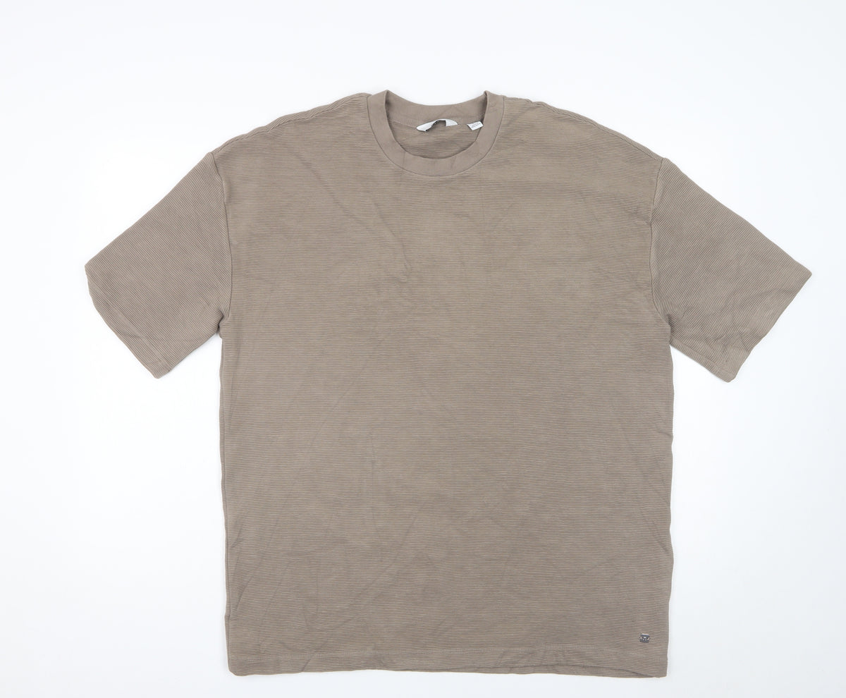 Next Men Beige L Relaxed Fit Ribbed Stripe Crew Neck T-Shirt