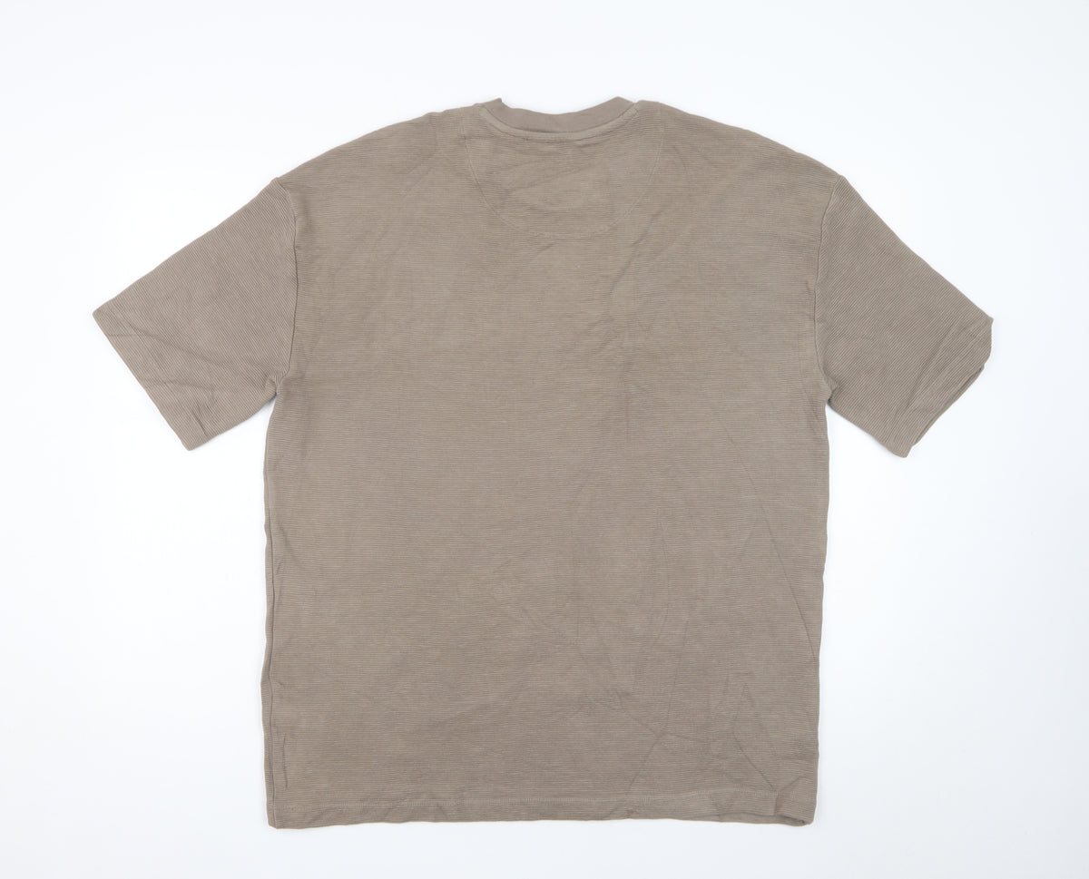 Next Men Beige L Relaxed Fit Ribbed Stripe Crew Neck T-Shirt