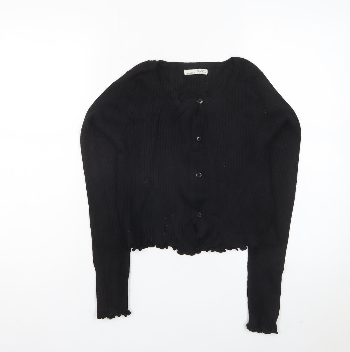 Pull&Bear Women Black S Rib Knit Button Cardigan Long Sleeve