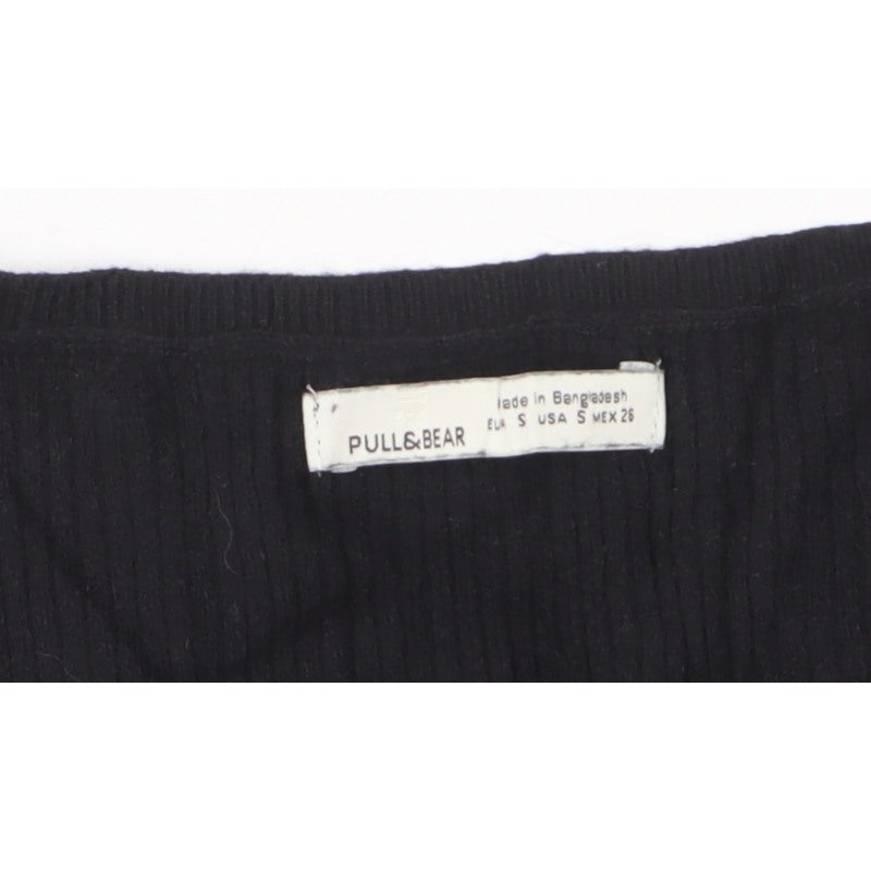 Pull&Bear Women Black S Rib Knit Button Cardigan Long Sleeve