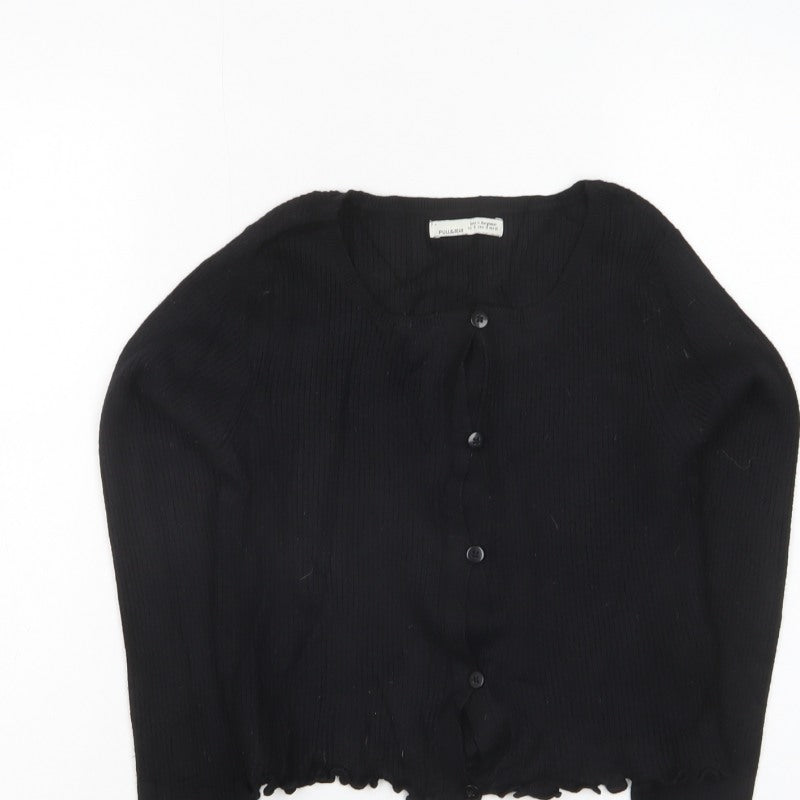 Pull&Bear Women Black S Rib Knit Button Cardigan Long Sleeve