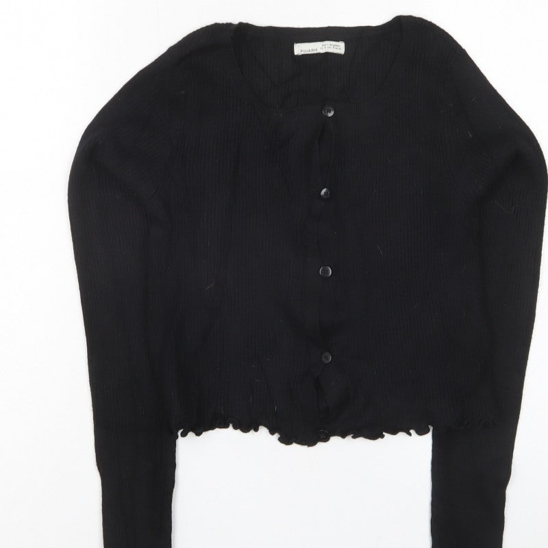 Pull&Bear Women Black S Rib Knit Button Cardigan Long Sleeve