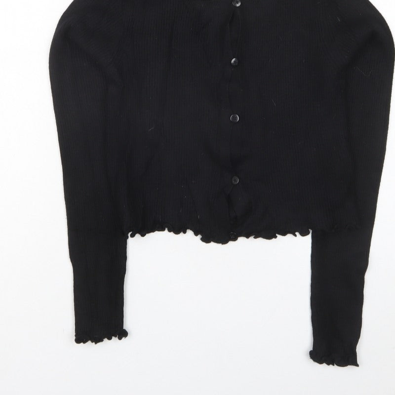 Pull&Bear Women Black S Rib Knit Button Cardigan Long Sleeve