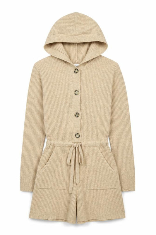 Zara Women’s Beige Ribbed Knit Hooded Playsuit UK 8 Button Tie Waist