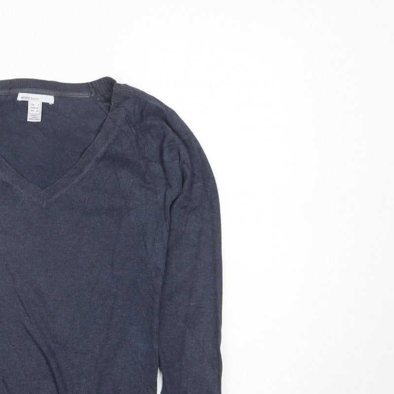 Mango Basics Women’s Blue S V-Neck Cotton Blend Knit Pullover Jumper