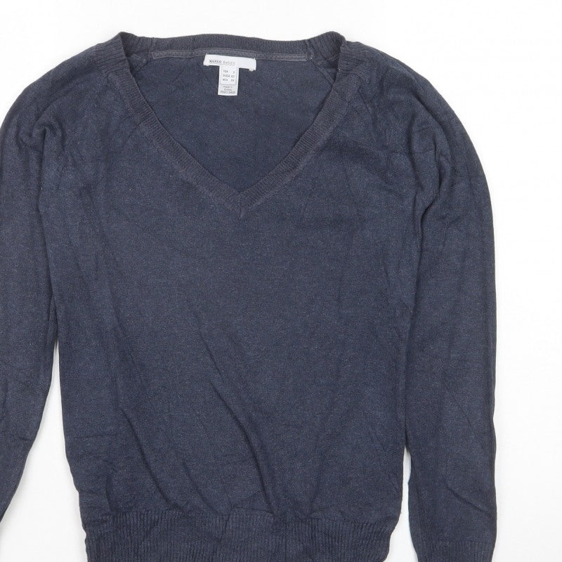 Mango Basics Women’s Blue S V-Neck Cotton Blend Knit Pullover Jumper
