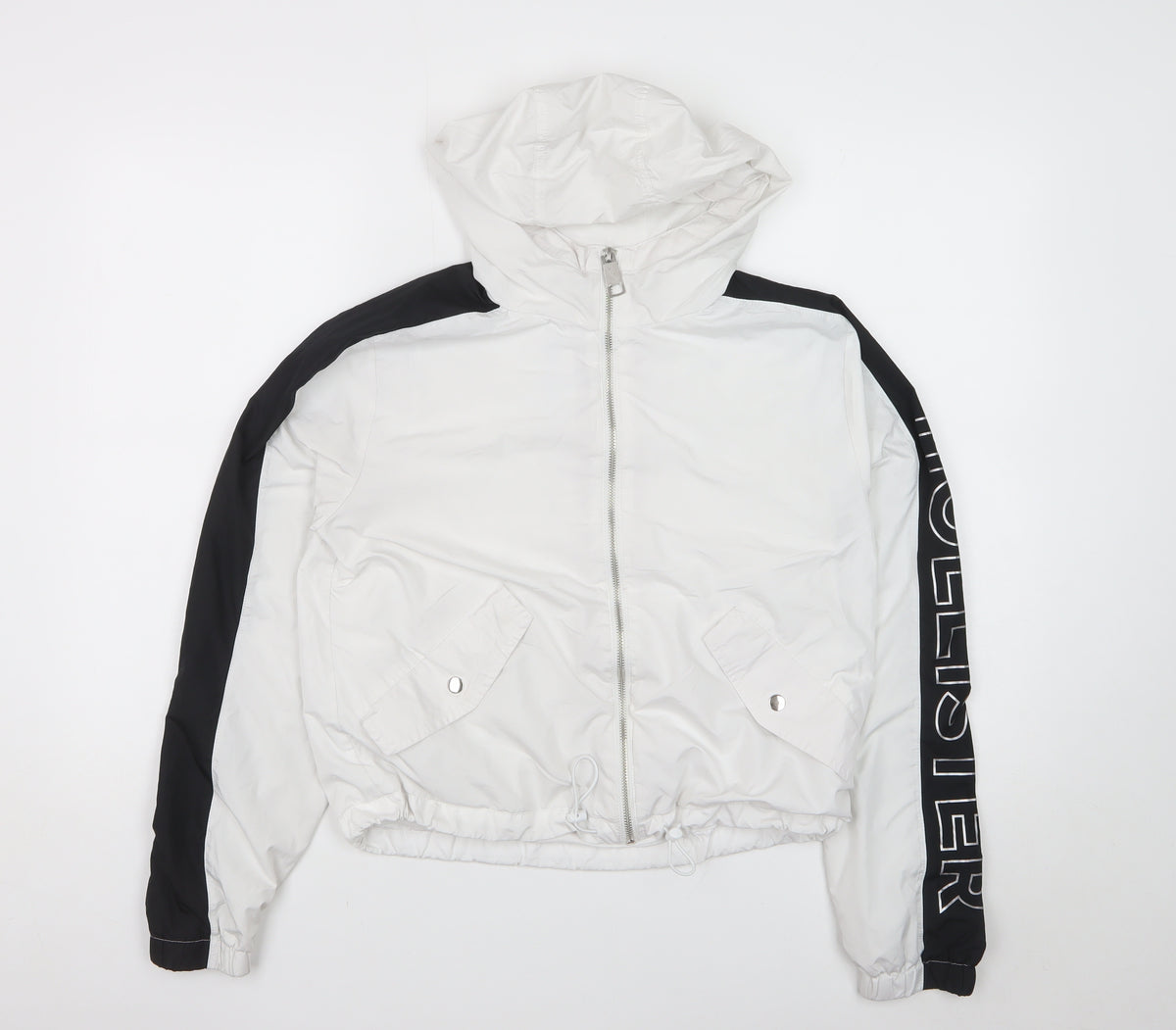 Hollister Women's White Black Hooded Windbreaker Jacket S