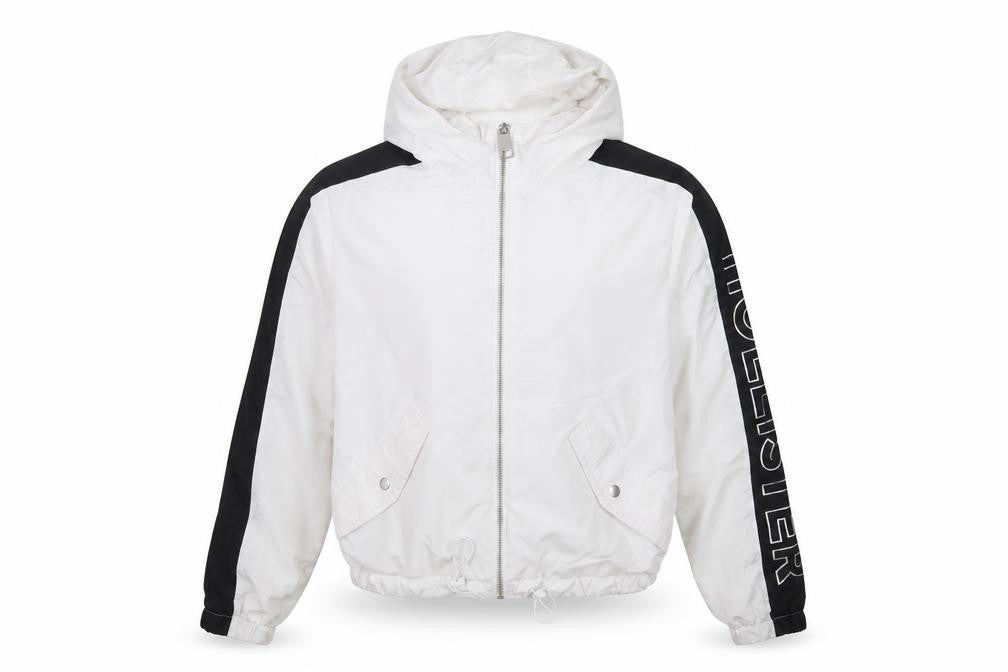 Hollister Women's White Black Hooded Windbreaker Jacket S