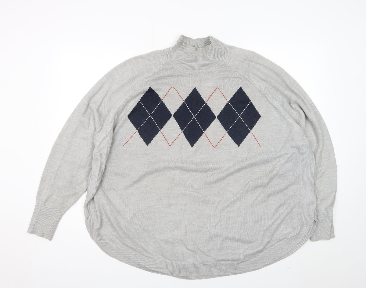 Marks & Spencer Women Grey XL Argyle Mock Neck Knit Jumper