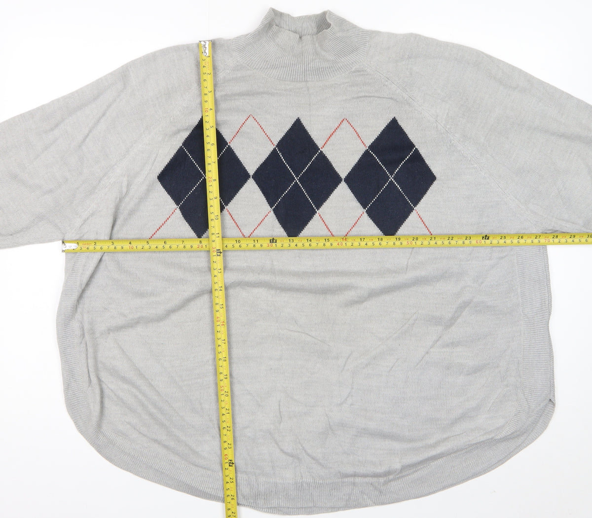 Marks & Spencer Women Grey XL Argyle Mock Neck Knit Jumper