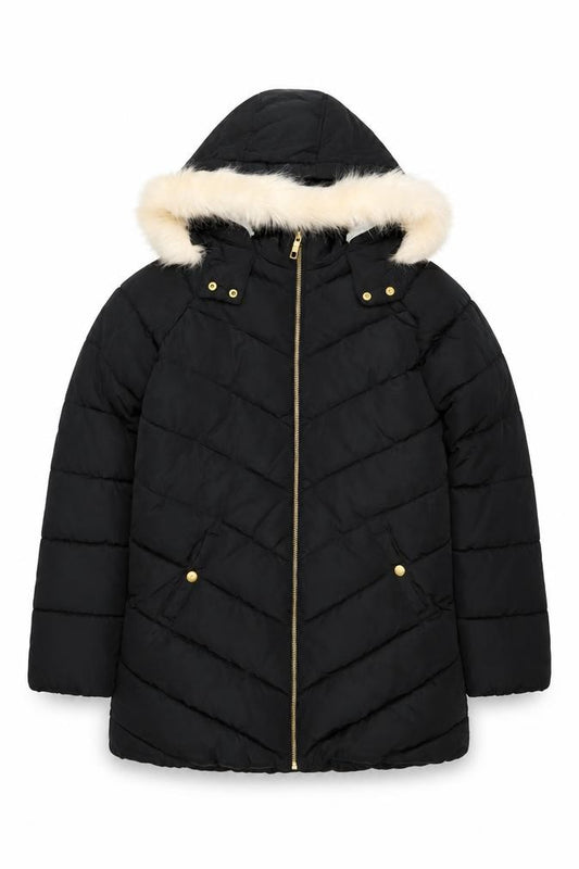 Marks & Spencer Girls Black 10-11 Years Puffer Jacket Faux Fur Hood Quilted