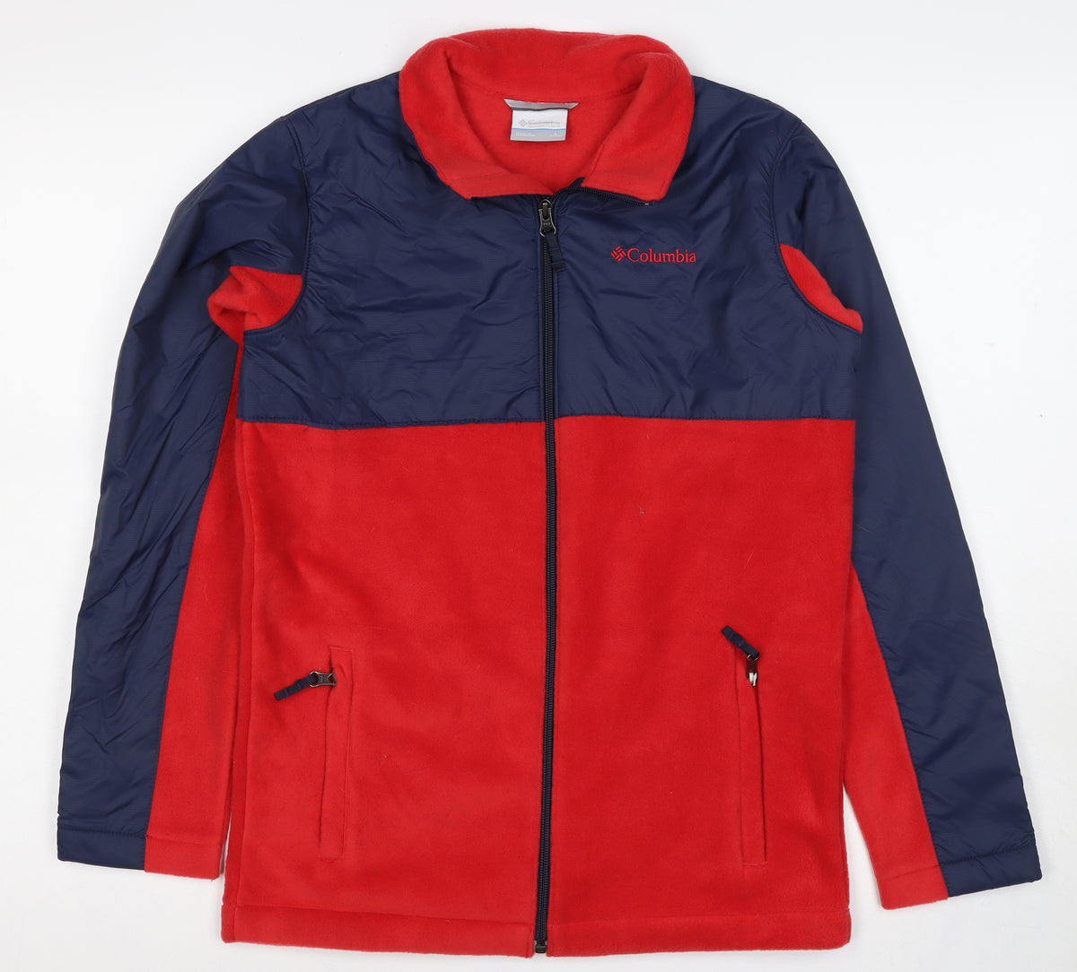 Columbia Teens Red Blue L Basic Fleece Full Zip Jacket Pockets Logo