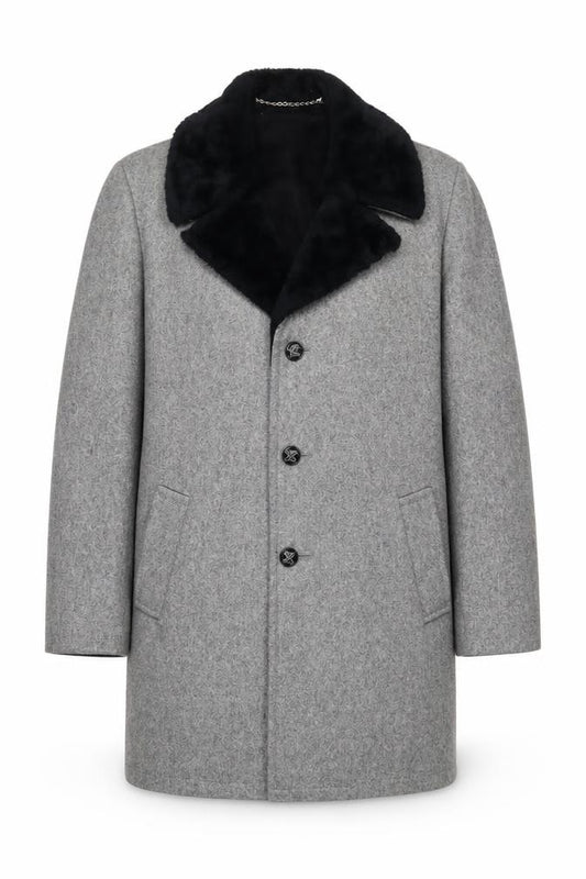 Anderson-Little Mens Grey 46 Wool Blend Fur Collar Long Overcoat