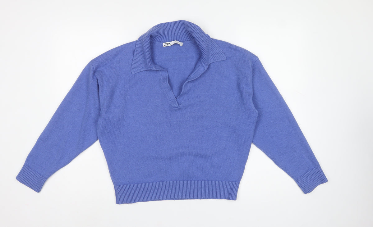 Zara Women Blue M Collared Fine Knit V-Neck Pullover Jumper