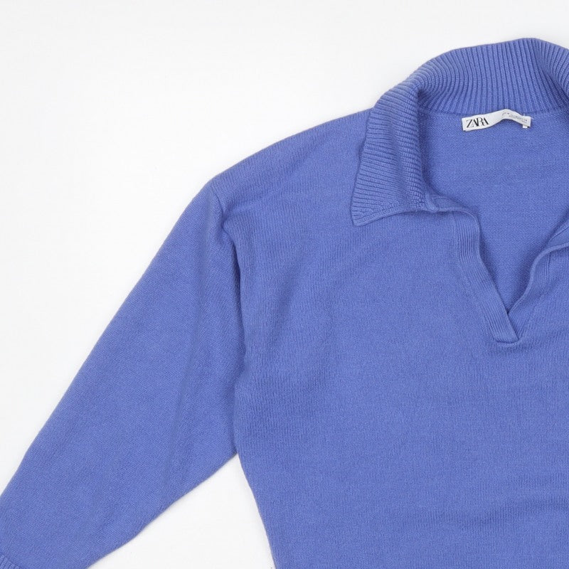 Zara Women Blue M Collared Fine Knit V-Neck Pullover Jumper