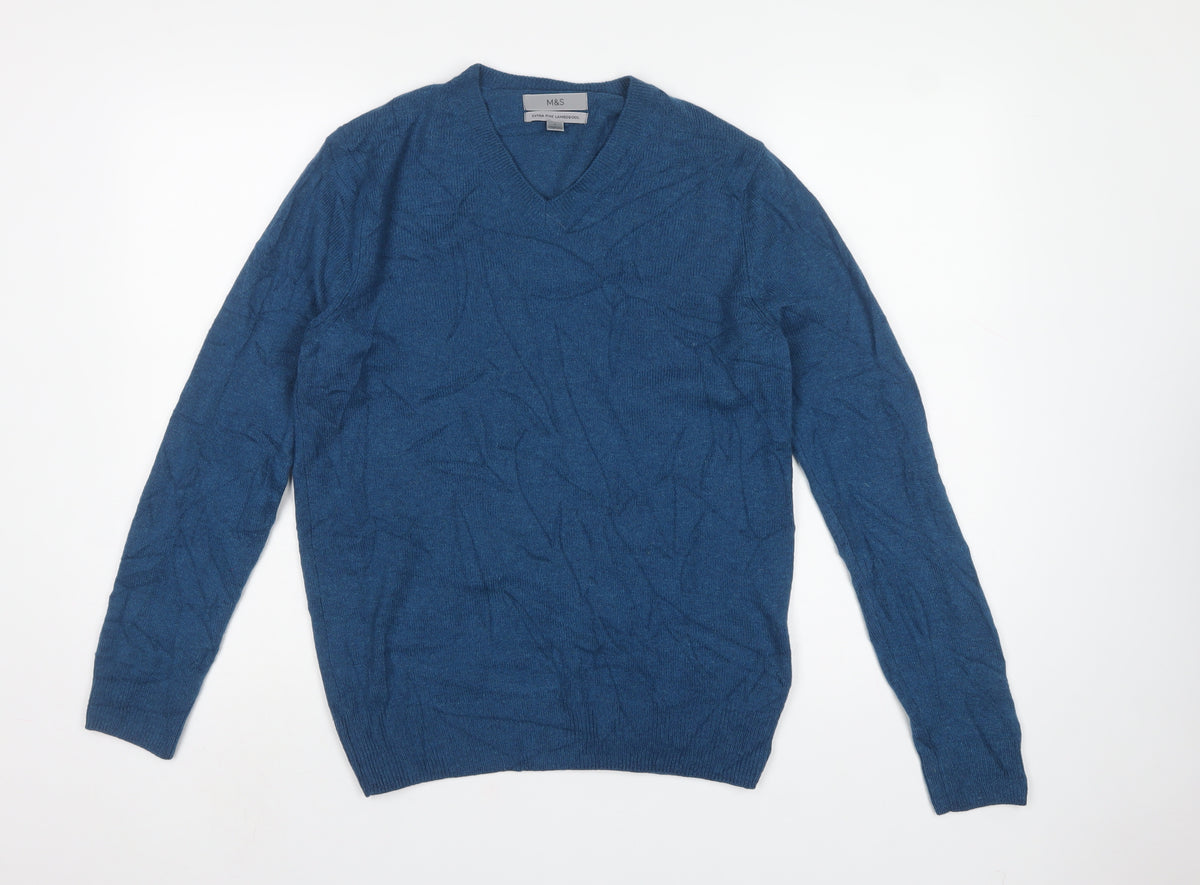 Marks and Spencer Men’s Blue Lambswool V-Neck Pullover Jumper Size S
