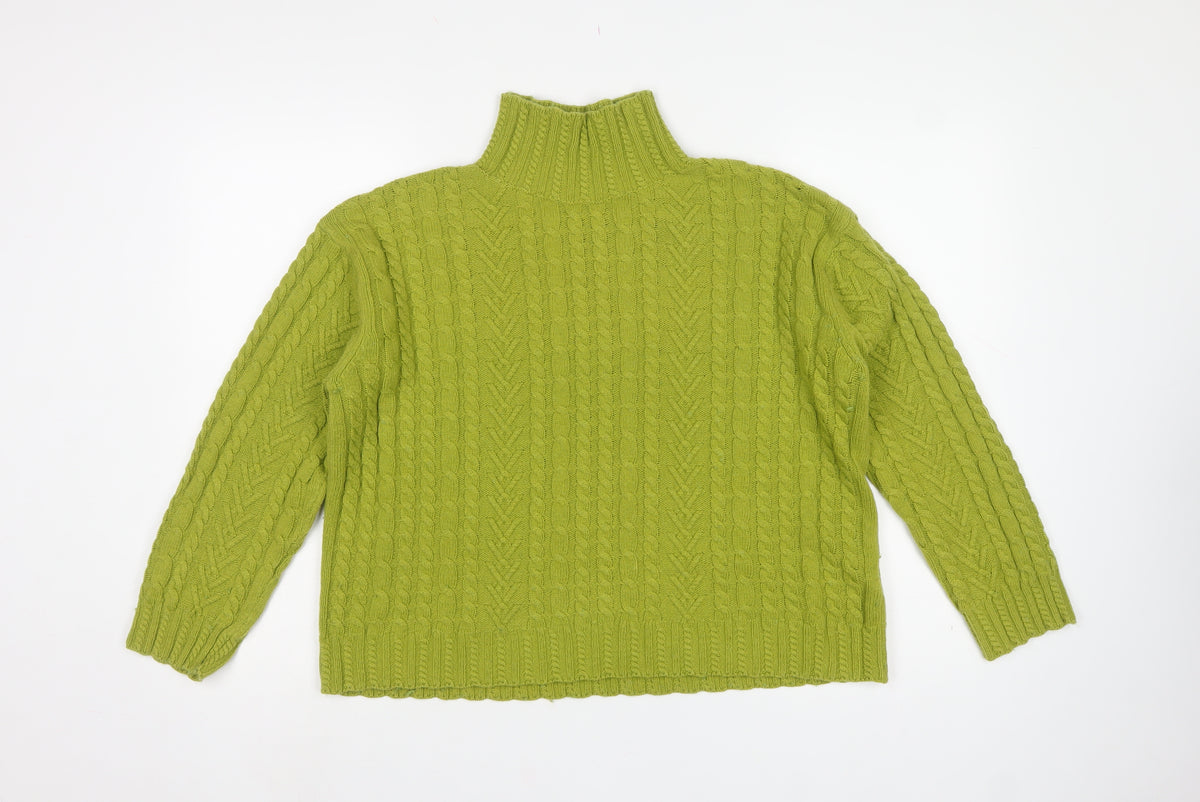 M&S Womens Green M Cable Knit Roll Neck Wool Blend Jumper