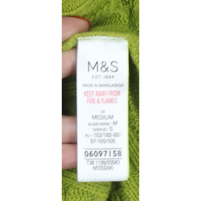 M&S Womens Green M Cable Knit Roll Neck Wool Blend Jumper