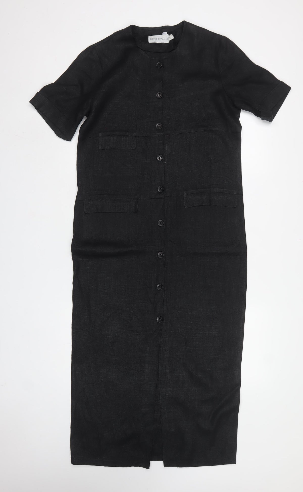 Joyce Ridings Women Black UK 10 Long Shift Dress Button Front Pockets