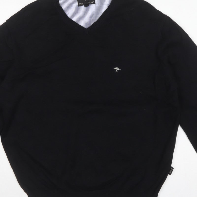 Fynch-Hatton Men’s Black M V-Neck Cotton Logo Pullover Jumper