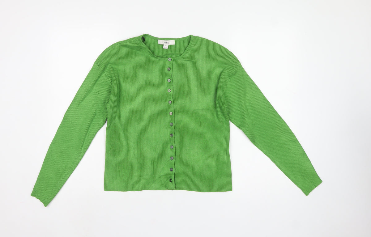 Marks and Spencer Women Green Size 12 Ribbed Button Cardigan