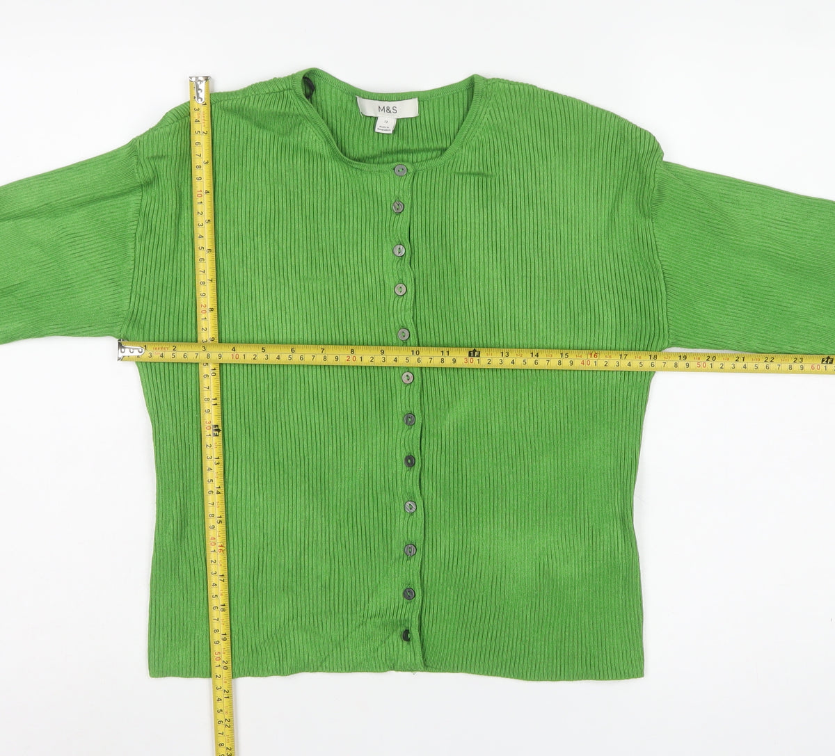 Marks and Spencer Women Green Size 12 Ribbed Button Cardigan