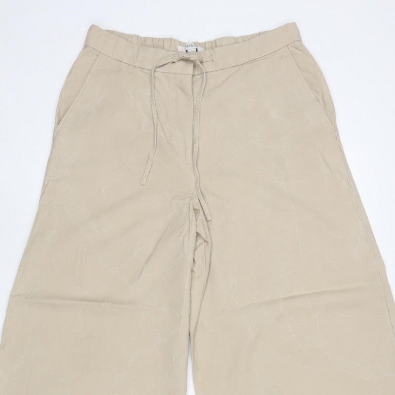 Marks & Spencer Women Beige UK 12 Wide-Leg Drawstring Trousers
