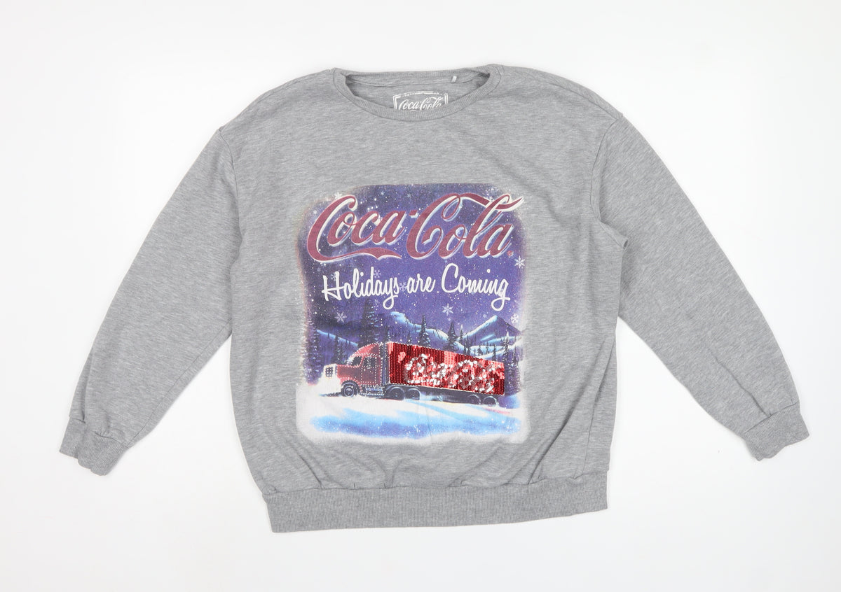 Coca-Cola Women’s Grey M Christmas Sequin Graphic Pullover Sweatshirt