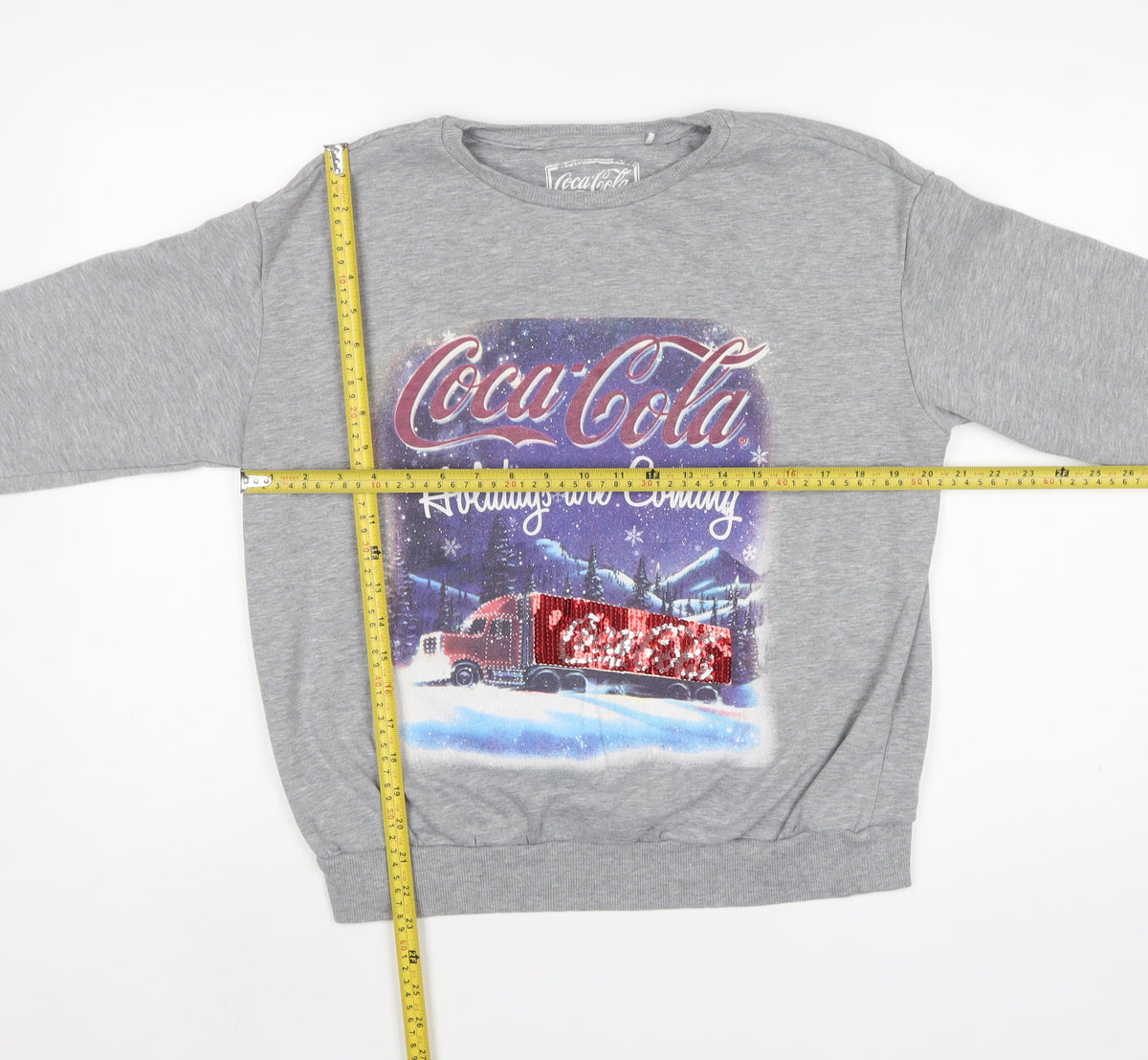 Coca-Cola Women’s Grey M Christmas Sequin Graphic Pullover Sweatshirt