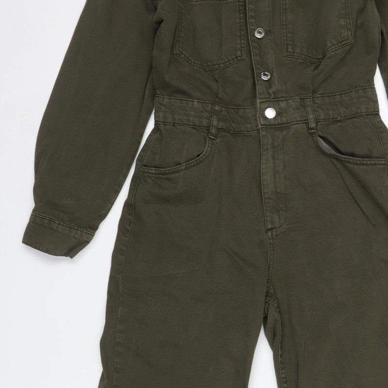 Mango Women Green M Denim Utility Collared Long Sleeve Jumpsuit