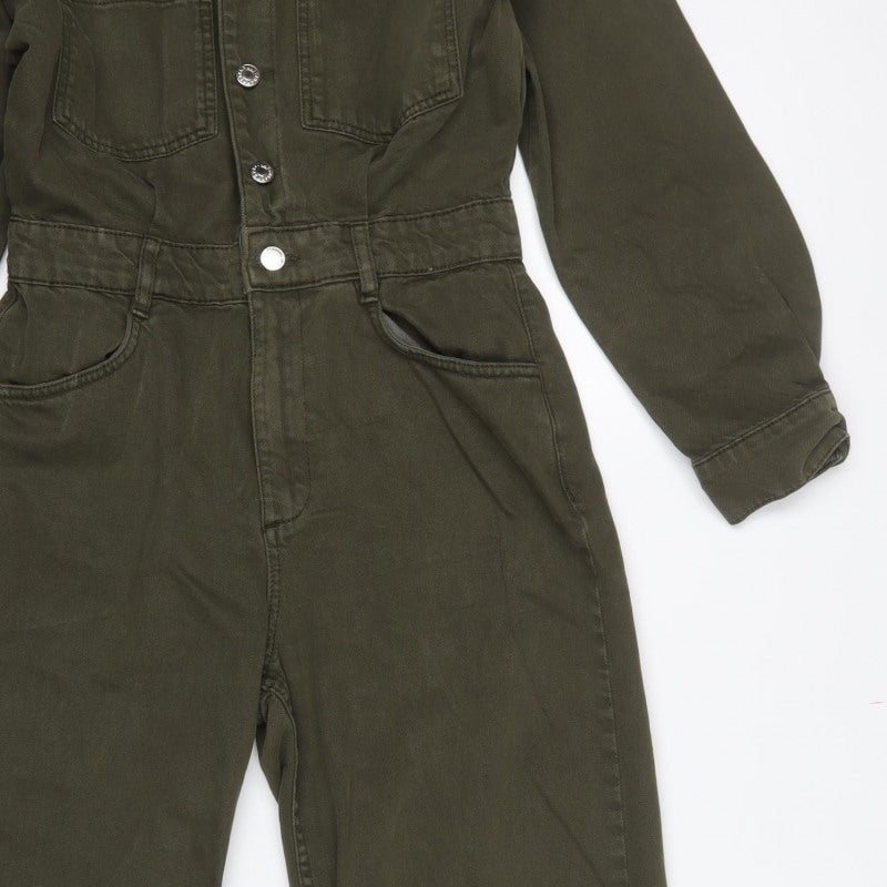 Mango Women Green M Denim Utility Collared Long Sleeve Jumpsuit