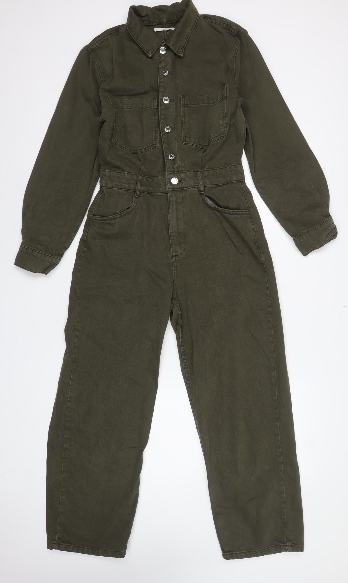 Mango Women Green M Denim Utility Collared Long Sleeve Jumpsuit