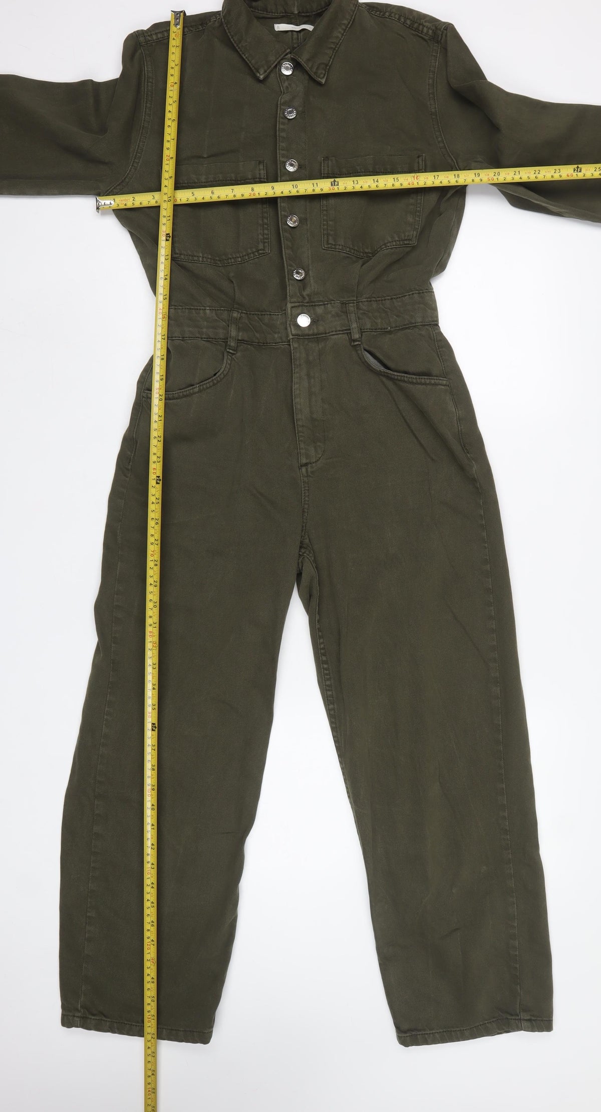 Mango Women Green M Denim Utility Collared Long Sleeve Jumpsuit