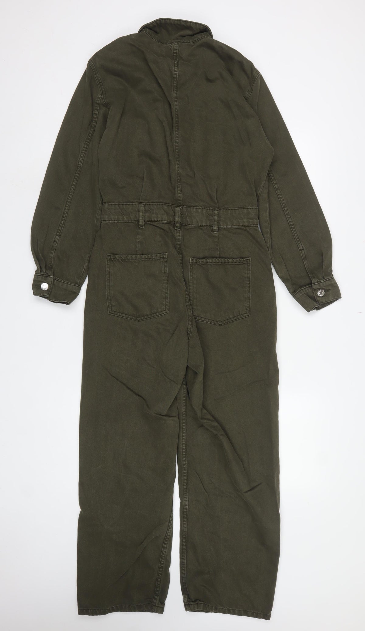 Mango Women Green M Denim Utility Collared Long Sleeve Jumpsuit