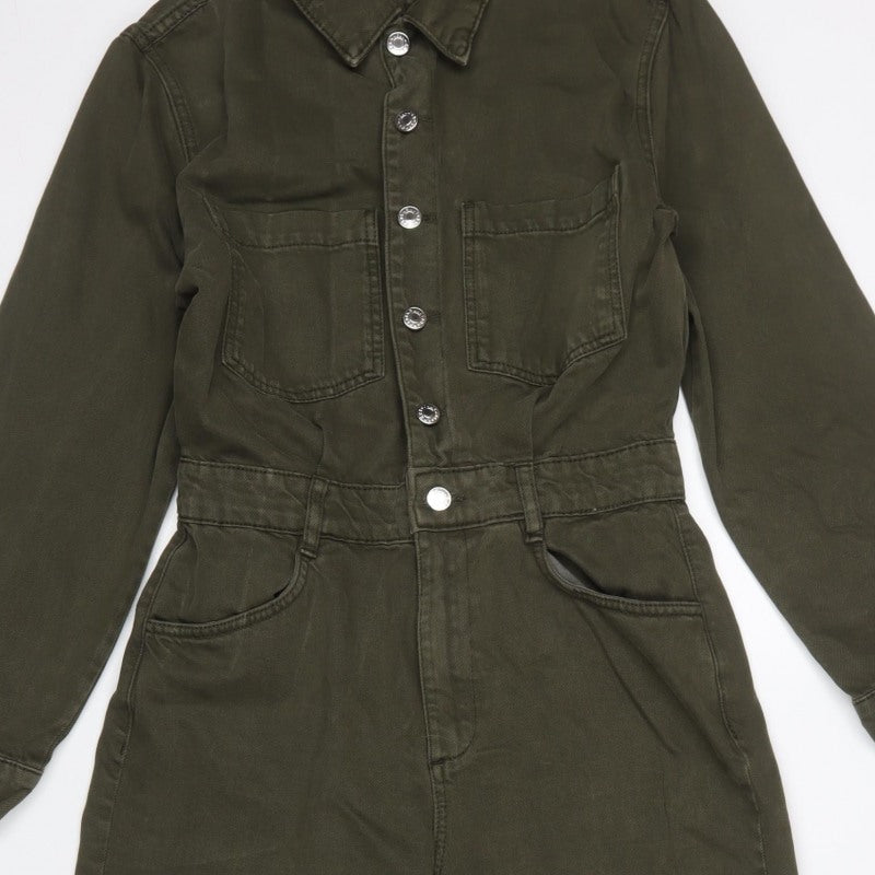 Mango Women Green M Denim Utility Collared Long Sleeve Jumpsuit