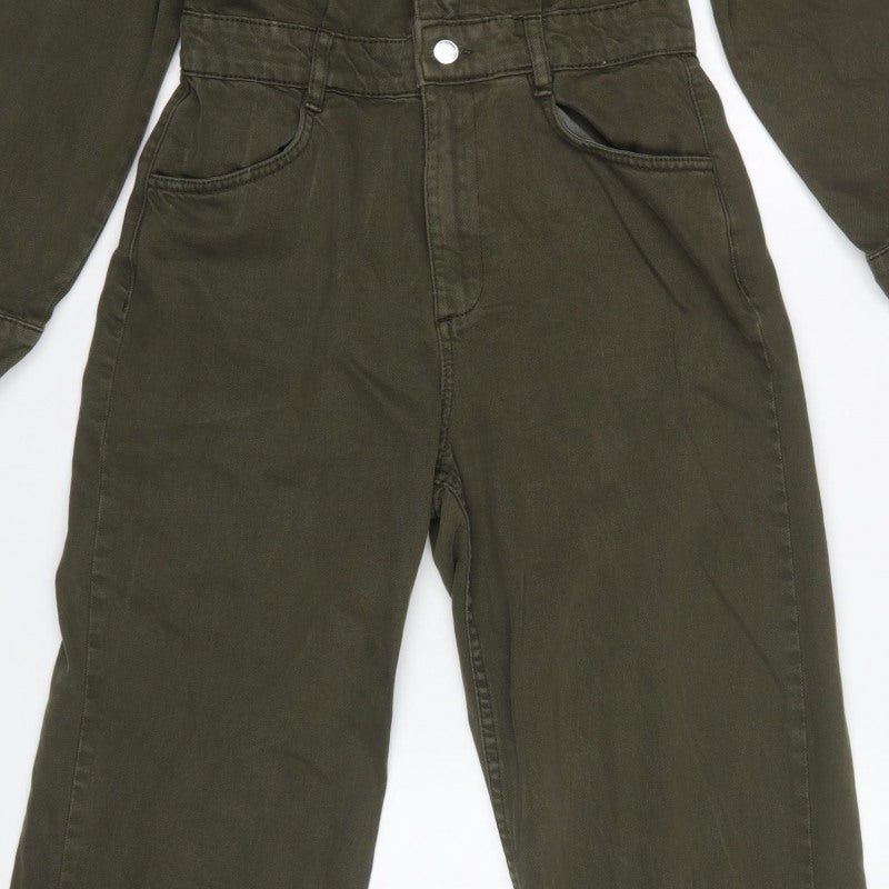 Mango Women Green M Denim Utility Collared Long Sleeve Jumpsuit